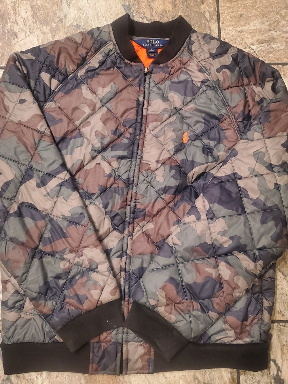 Polo Ralph Lauren Boys Camo Quilted Bomber Jacket Size L 14-16 Orange Lined